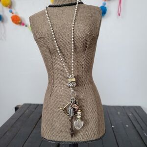 NWT Charm Necklace Ball Chain Arrow Bow Washer Rhinestone Eclectic Layering 30"